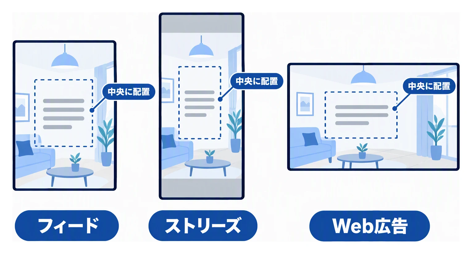 フィード、ストーリーズ、Web広告の三つの比率の枠に同じ写真を入れ、文字を中央の安全な範囲に置く様子を比べた図。