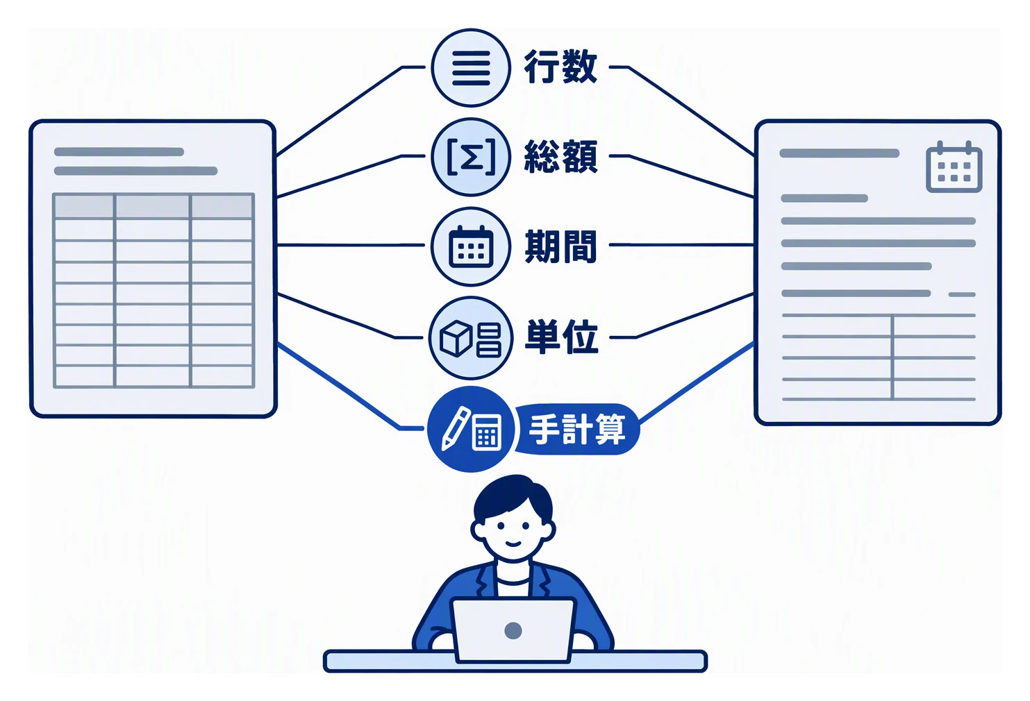AIが出した集計結果と販売管理システムの帳票を並べ、行数、総額、期間、単位、一部の手計算の順に照らし合わせて検算する様子を示す図。
