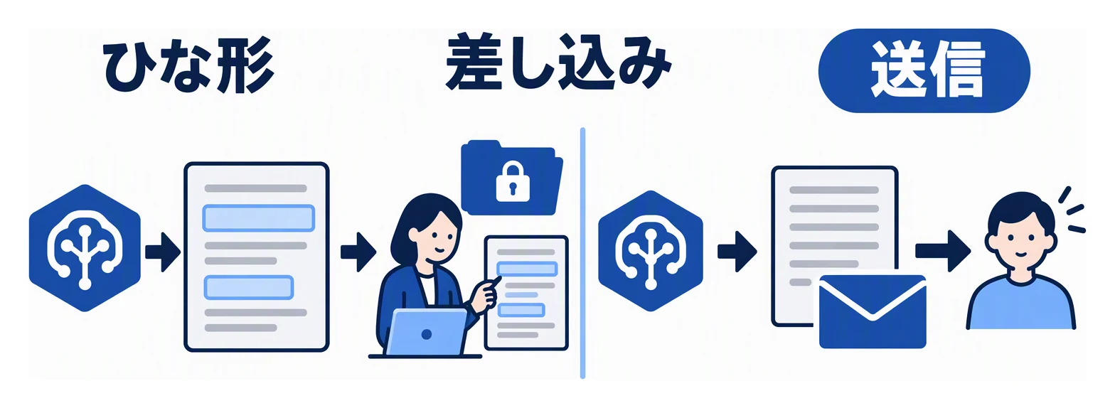 AIが名前や日時を空けたひな形を作り、人事の担当者が手元の応募者情報を差し込んでから送信する流れを示す図。