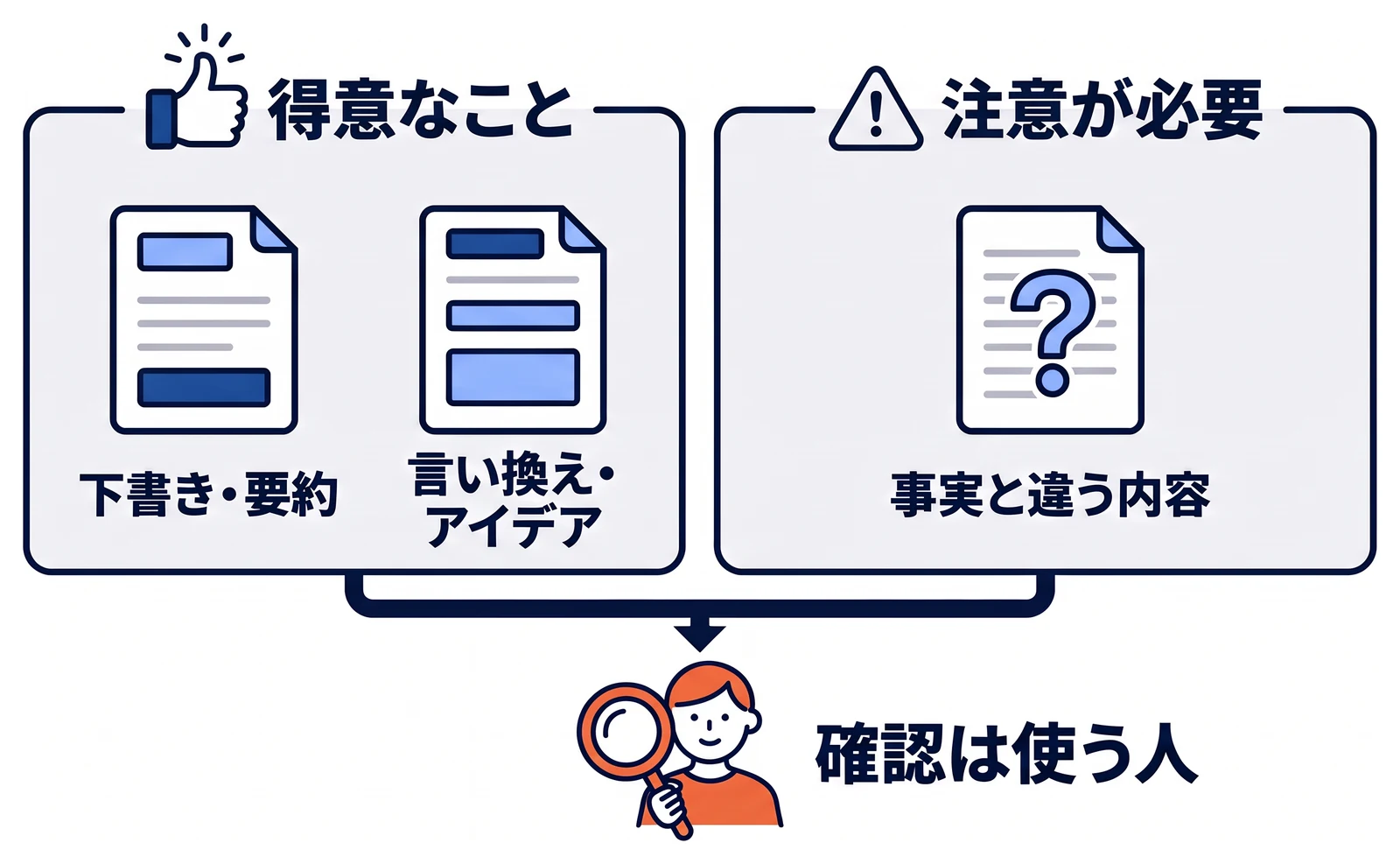 左に生成AIが得意なこととして文章の下書き・要約、言い換えやアイデアの書き出しを、右に注意が必要なこととして事実と違う内容をもっともらしく書くことを並べた図。下には、出力の確認は使う人が行うという前提を示している。