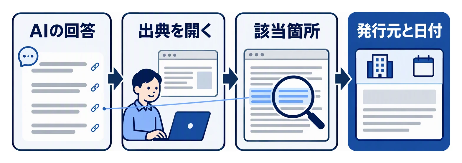 AIの回答に付いた出典を開き、回答に対応する記述をページ内で探し、発行元と公開日・更新日を確かめる手順を示した図。