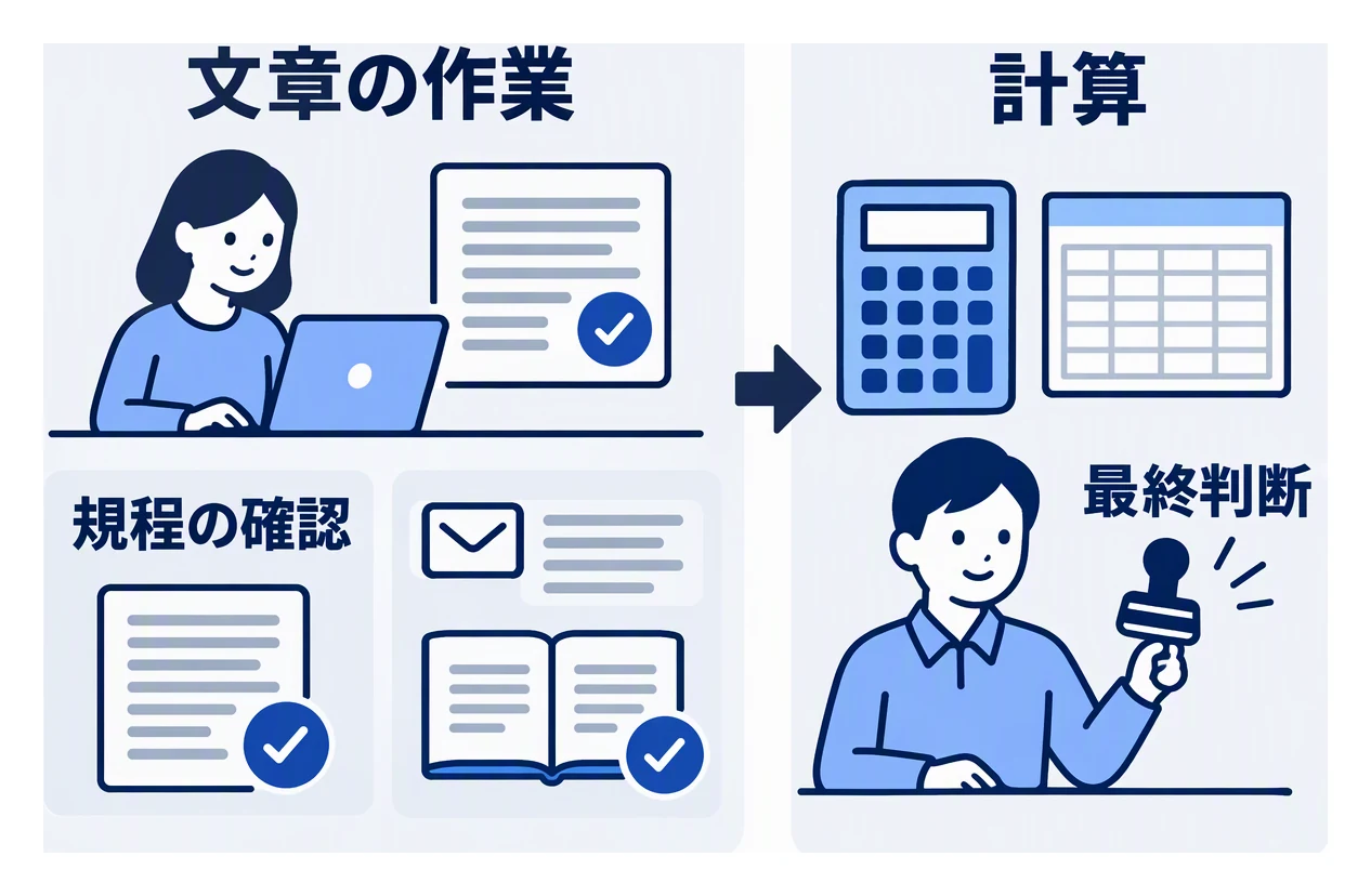 経理の仕事のうち、文章の作業と規程の確認にはAIを使い、計算と最終判断は会計ソフトや担当者が受け持つことを示した図。