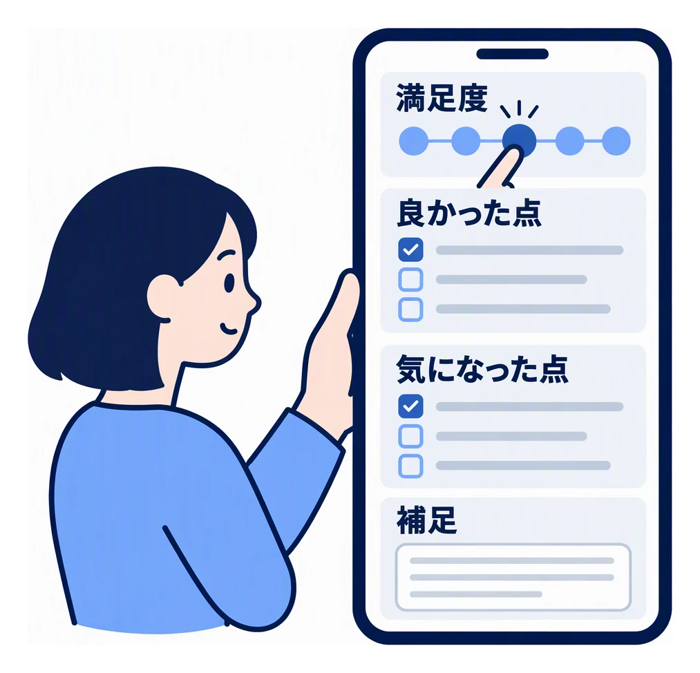 スマートフォンの短いアンケートを、満足度、良かった点、気になった点、任意の補足という四つの質問に分けた図。