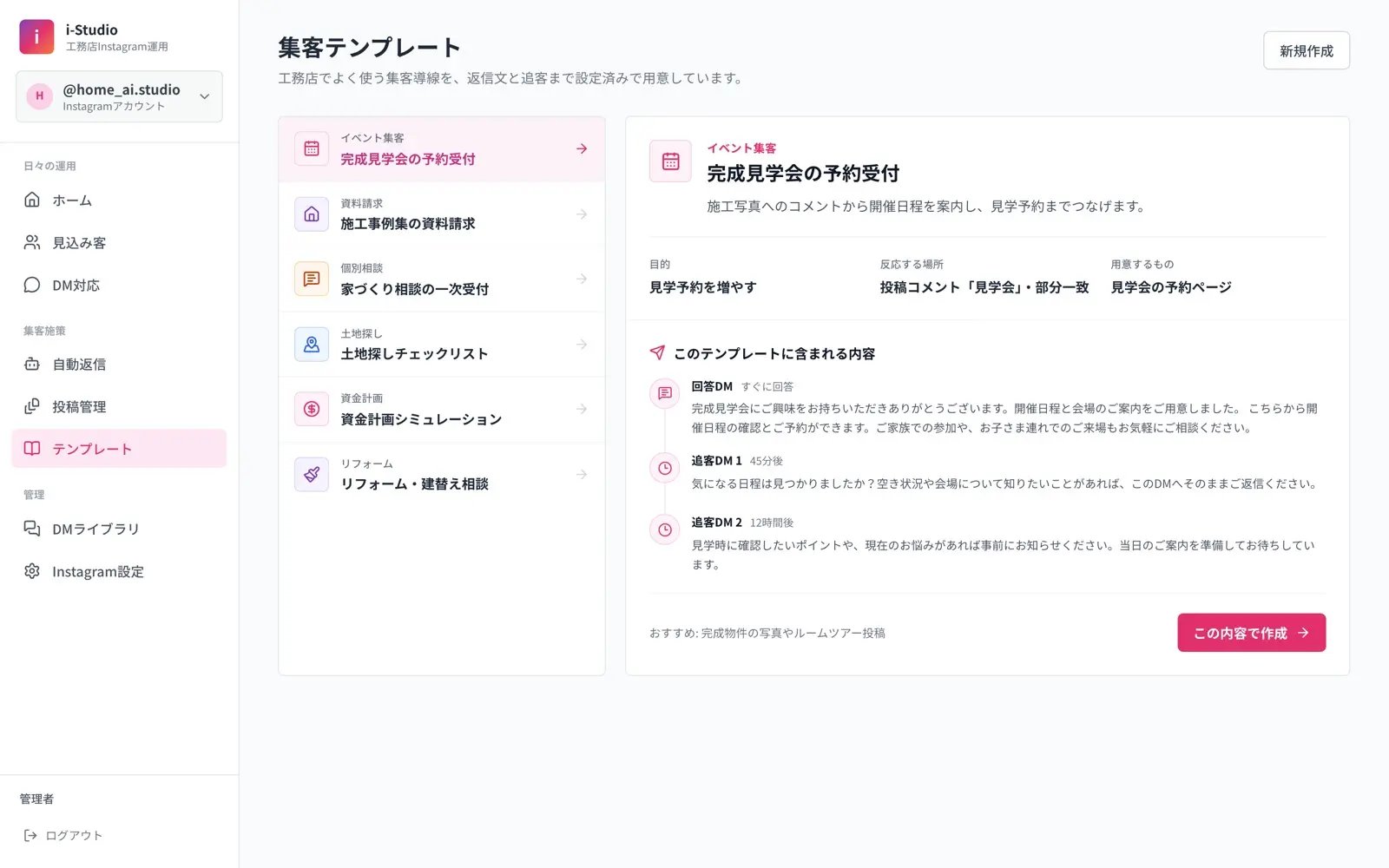 i-Studioの集客テンプレート画面(デモデータ)